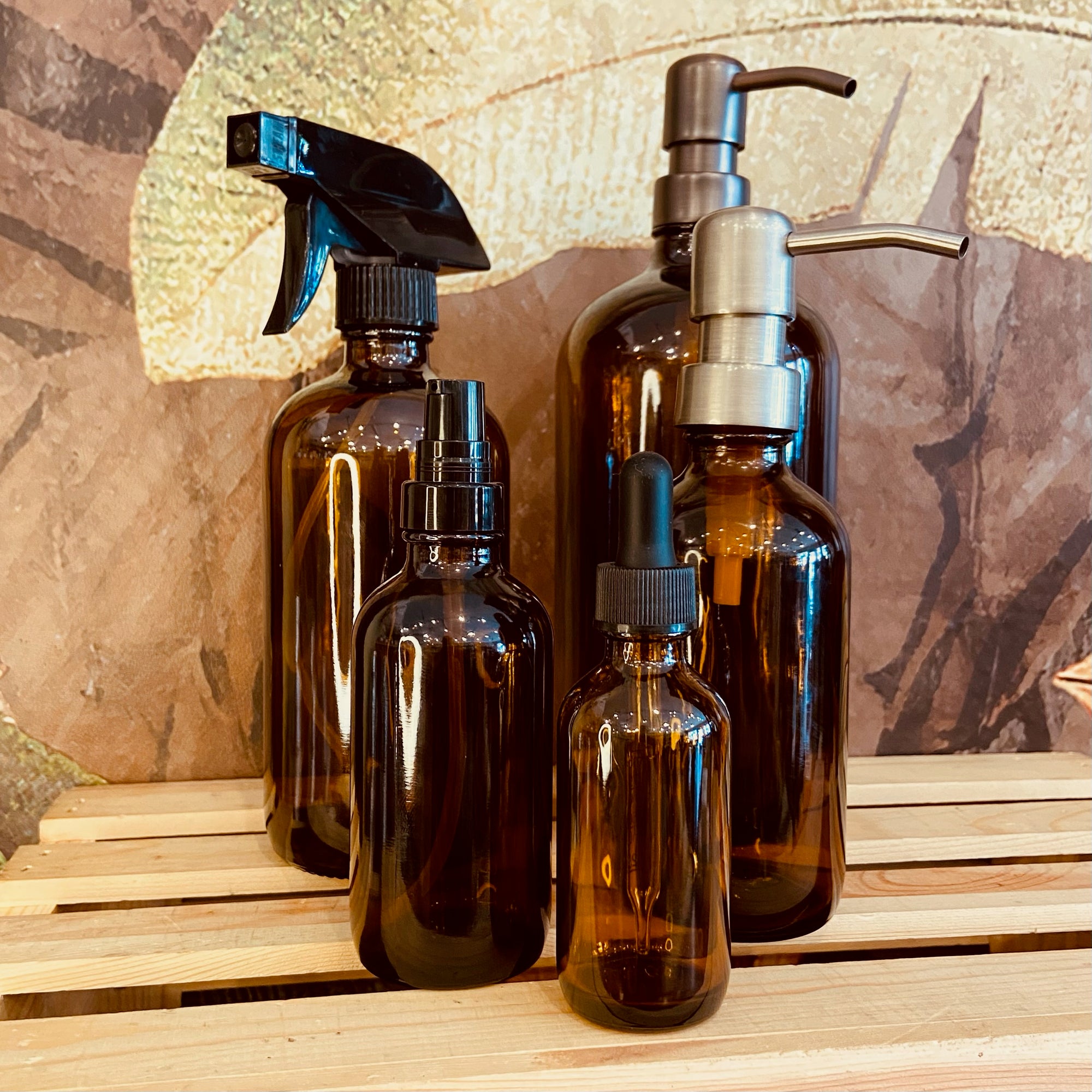 Amber Glass Boston Bottles - 32, 16, 8oz