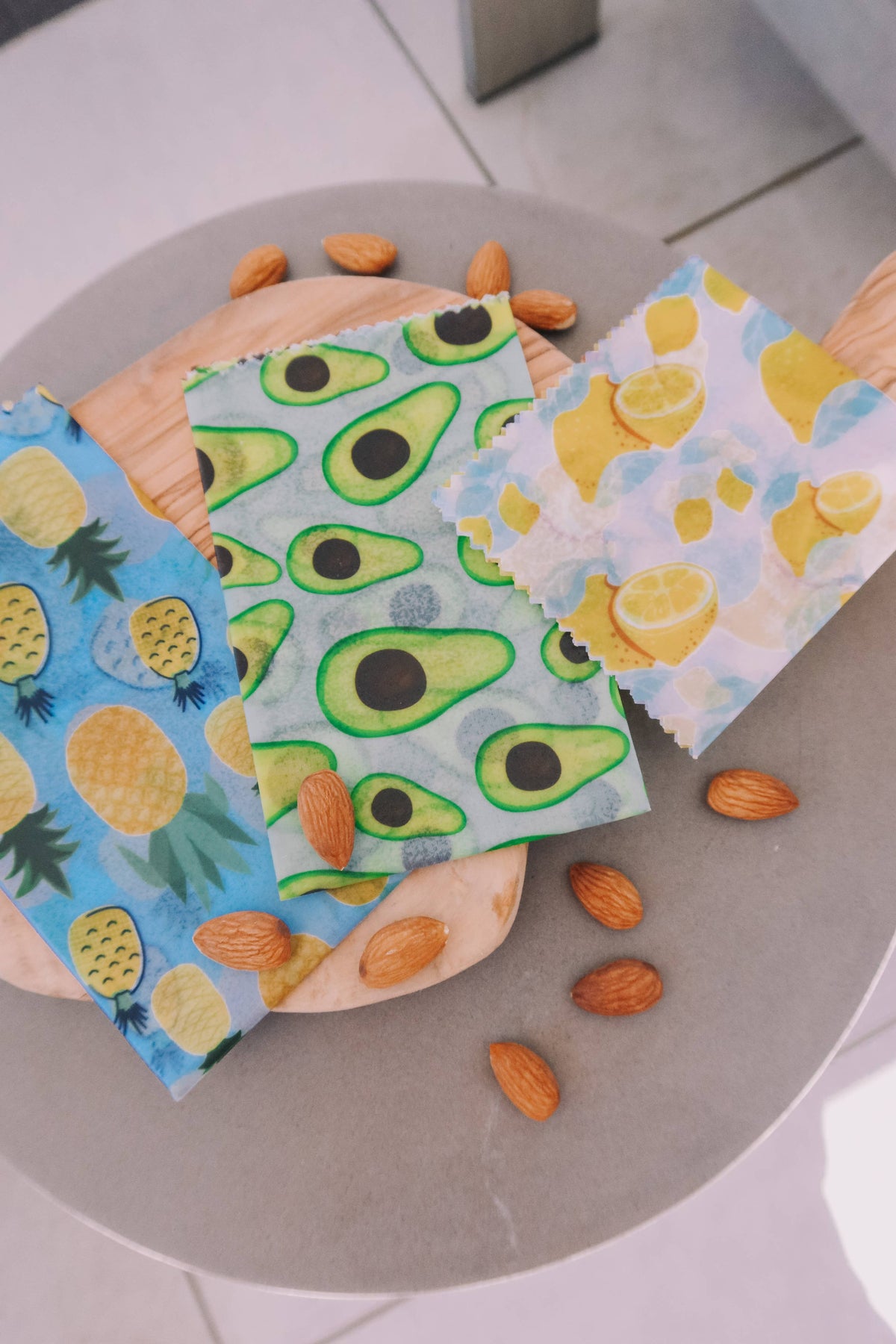 Set of plant-based, vegan wax wraps from Me Mother Earth, eco-friendly reusable food wraps in various sizes.