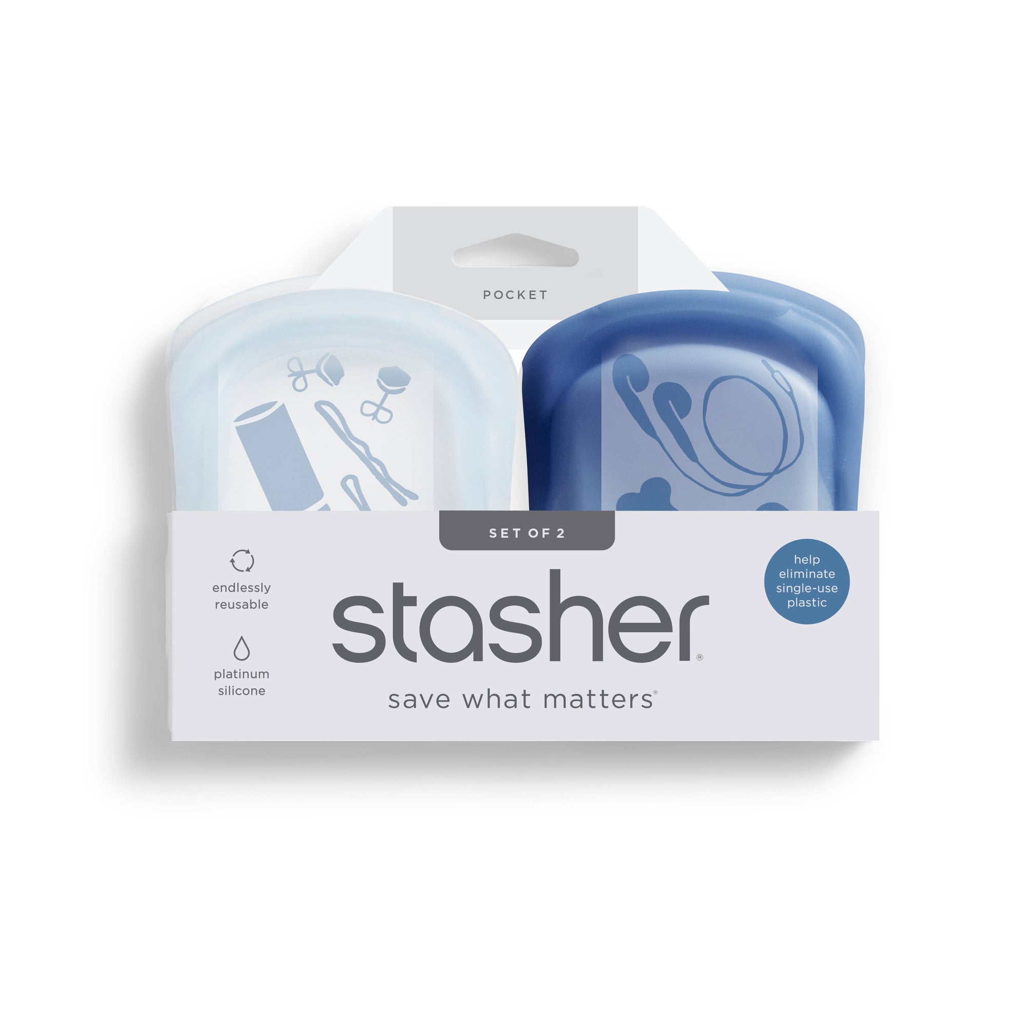 Two reusable Stasher silicone storage bags from the Pocket 2-Pack, ideal for food storage and organization.