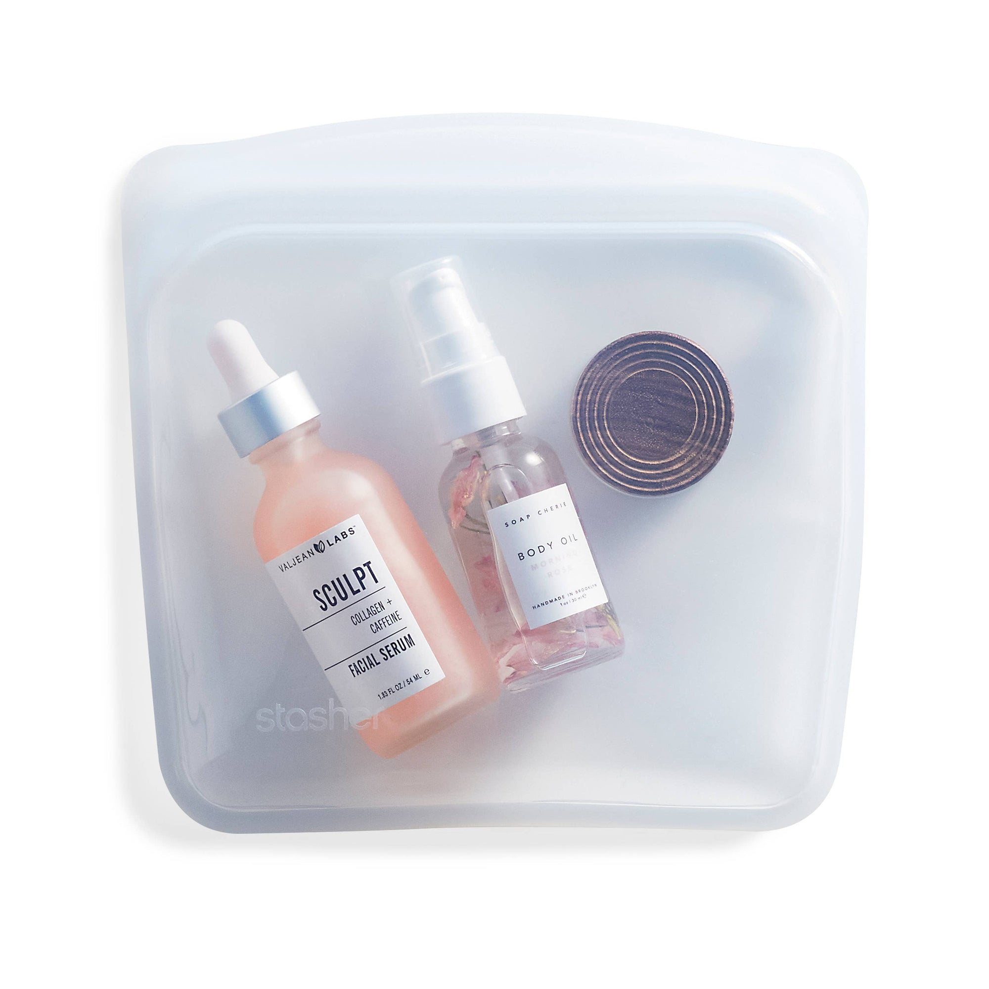 Reusable Stasher Sandwich Size storage bag with clear silicone material and leak-proof zipper for snacks and sandwiches.