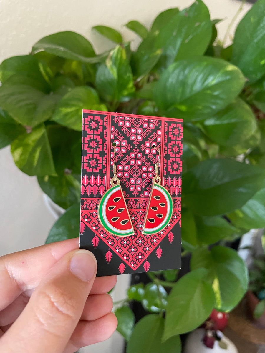 Palestine Watermelon Drop Earrings by Stitch4pali featuring vibrant watermelon-shaped dangle earrings with green and pink colors