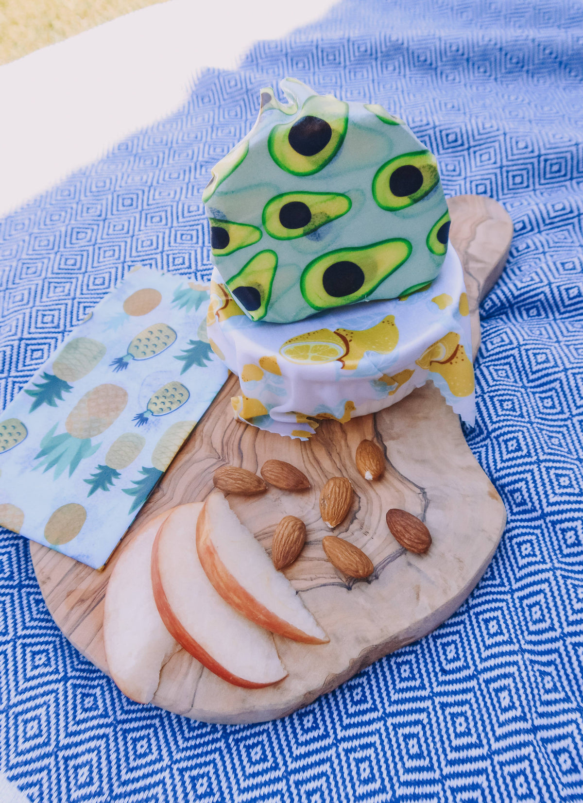 Set of colorful plant-based wax wraps from Me Mother Earth, eco-friendly reusable wraps for food storage.