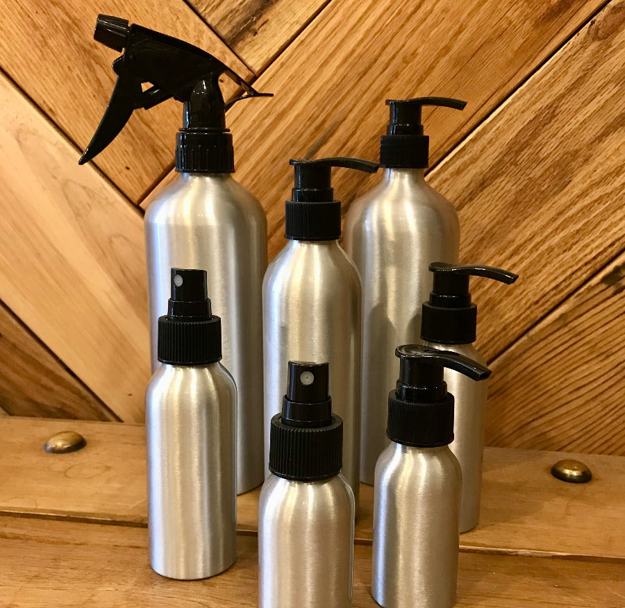 Aluminum Bottles w/Lotion, Soap, Fine Mist Pumps/Sprayers