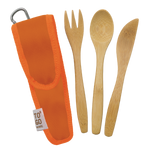 Kids bamboo utensil set from To-Go Ware, includes spoon, fork, and knife with colorful handles on a white background.