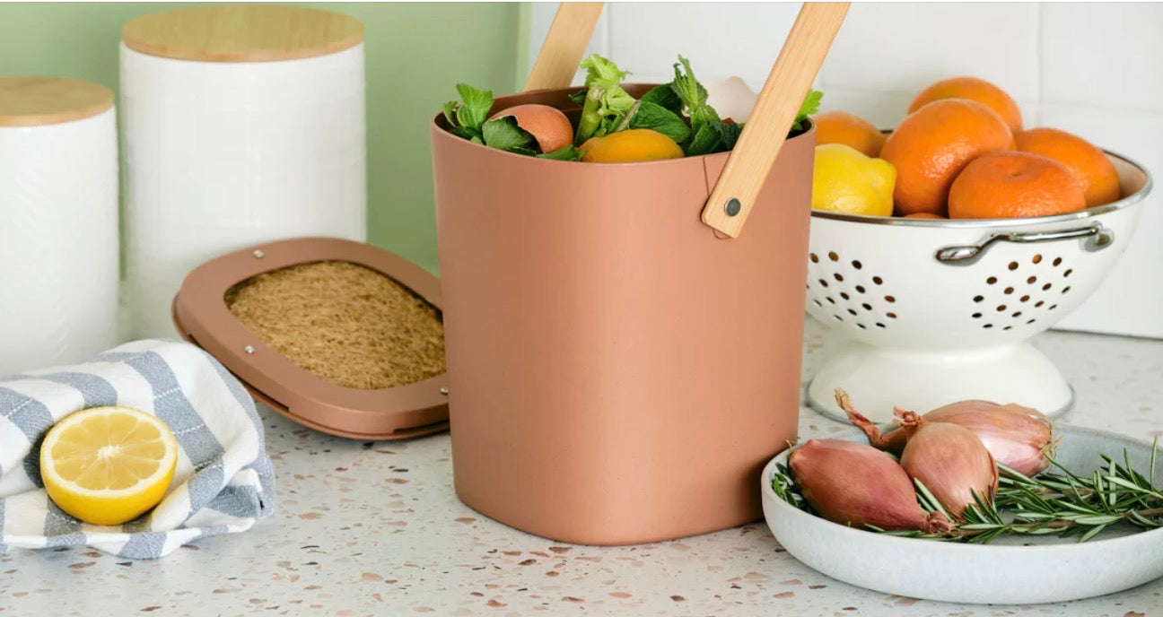 Bamboozle countertop composter in assorted colors with bamboo lid and small composting bin for kitchen waste recycling