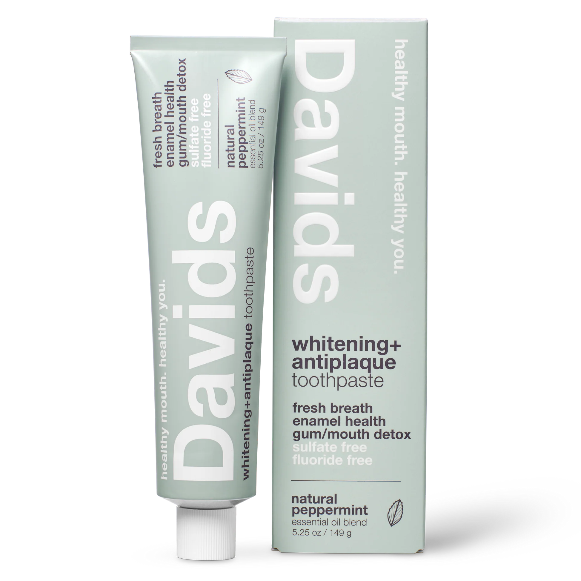 Image of David’s Natural Toothpaste tube with mint flavor, featuring a clean, white packaging and fresh mint leaves in the background.