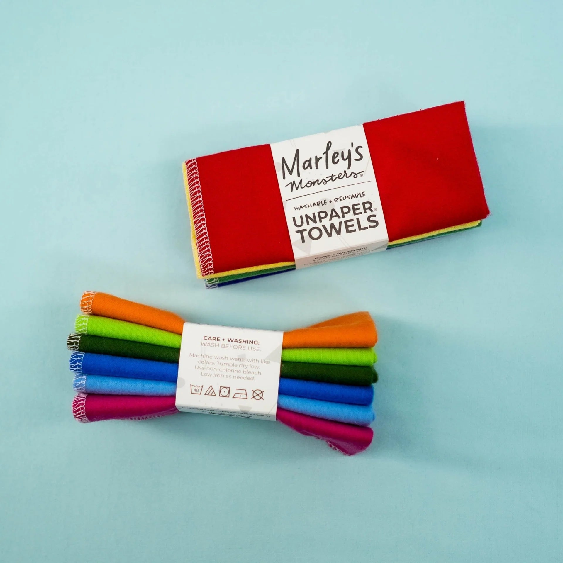 Stacked Marley’s Monsters UNpaper Towels 6-pack, reusable bamboo fabric towels, neatly stacked on a white background.