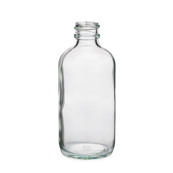 Clear glass Boston bottles by OTB Refills in 16 oz, 8 oz, and 2 oz sizes, shown with smooth glass surfaces and metal caps.