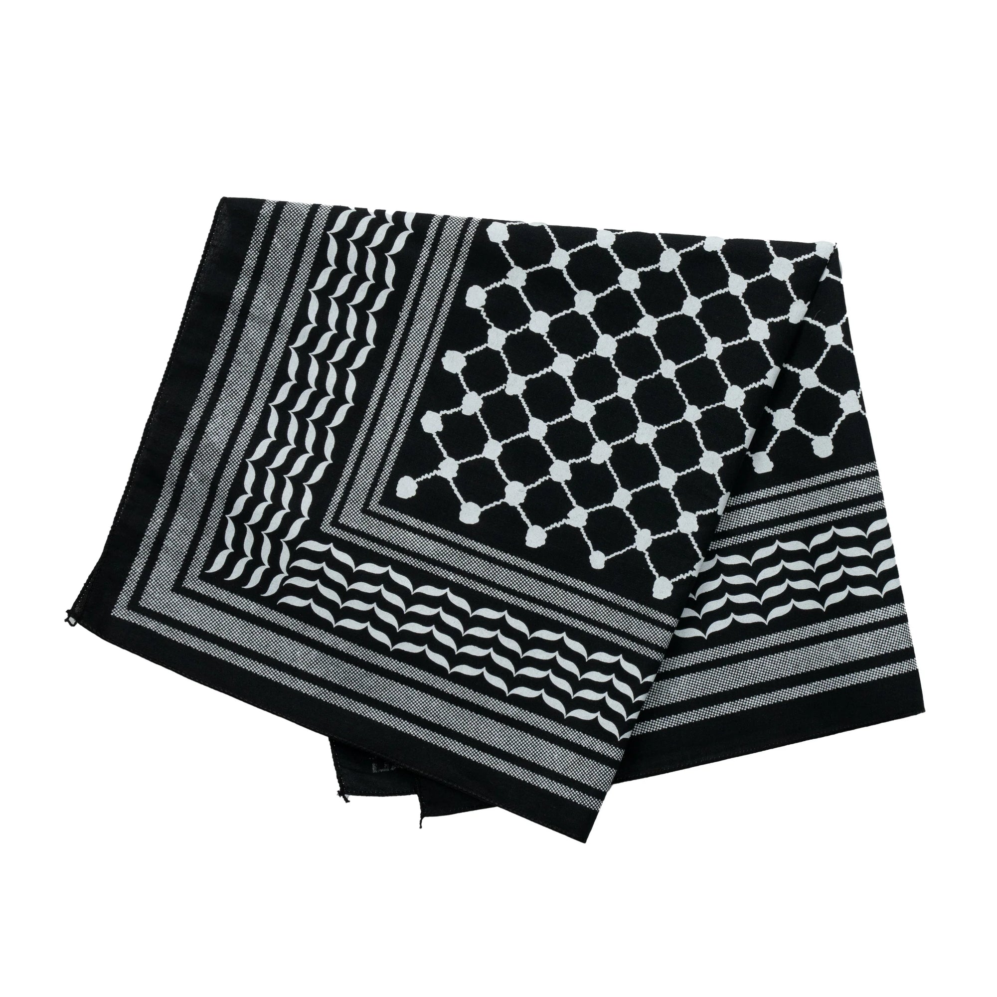 Stitch4pali 100% cotton keffiyeh bandana featuring a traditional black and white geometric pattern, worn as a versatile head or neck accessory.