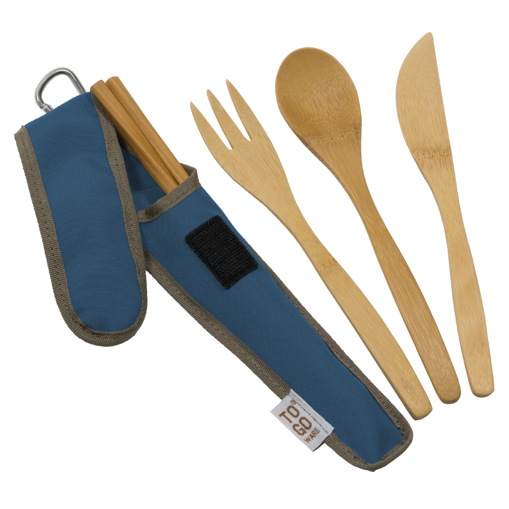To-Go Ware adult bamboo utensil set with fork, spoon, and knife on a white background. Eco-friendly and reusable kitchen tools.