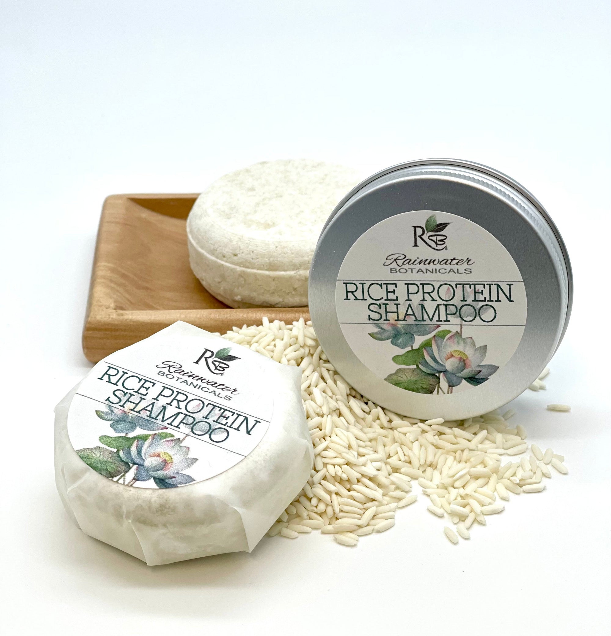 Rainwater Botanicals Hinterland Rice Protein solid shampoo bar with natural ingredients and packaging, ready for hair cleansing.