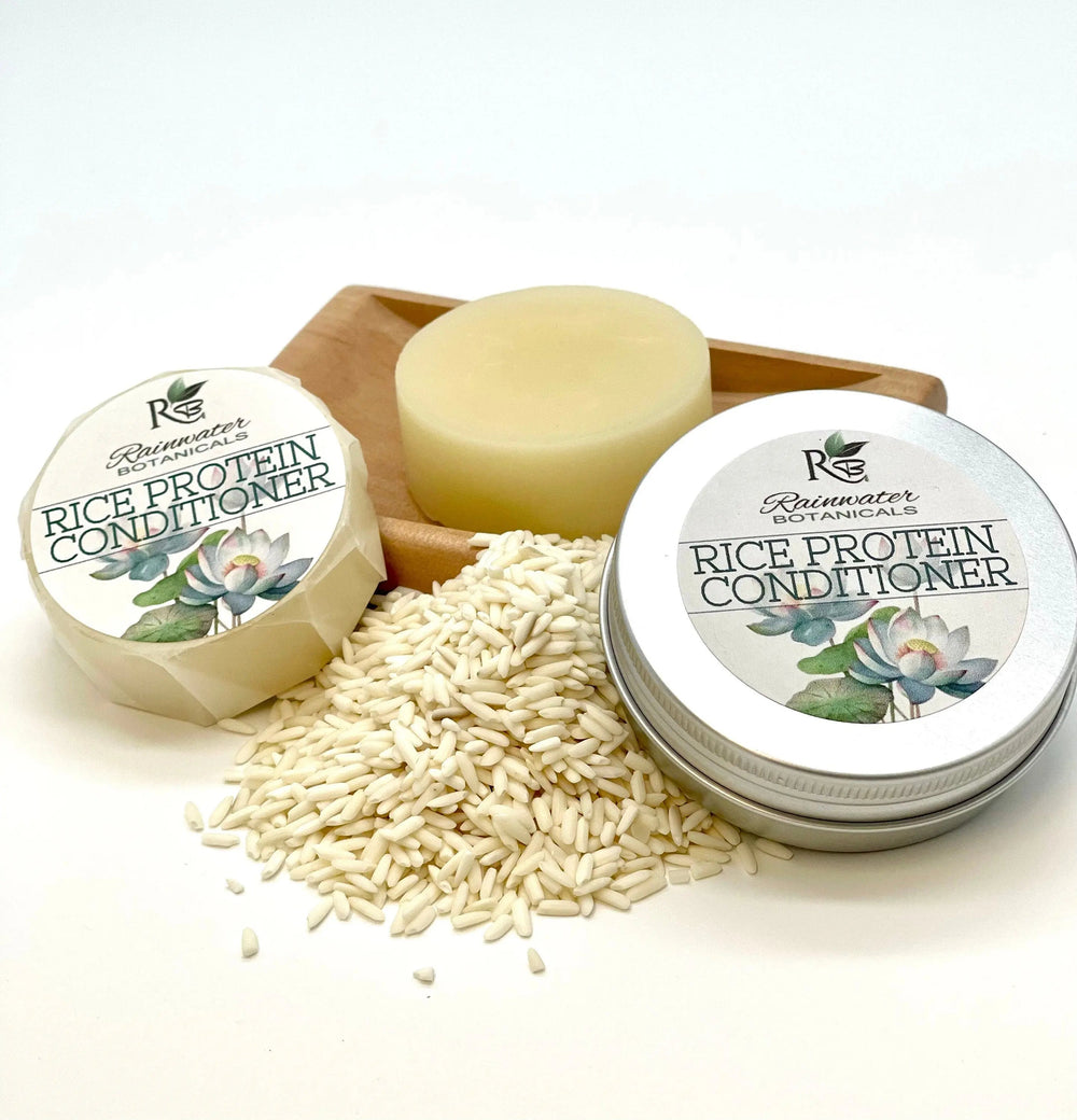 Rainwater Botanicals Hinterland Rice Protein Solid Conditioner bar showing natural ingredients and eco-friendly packaging.