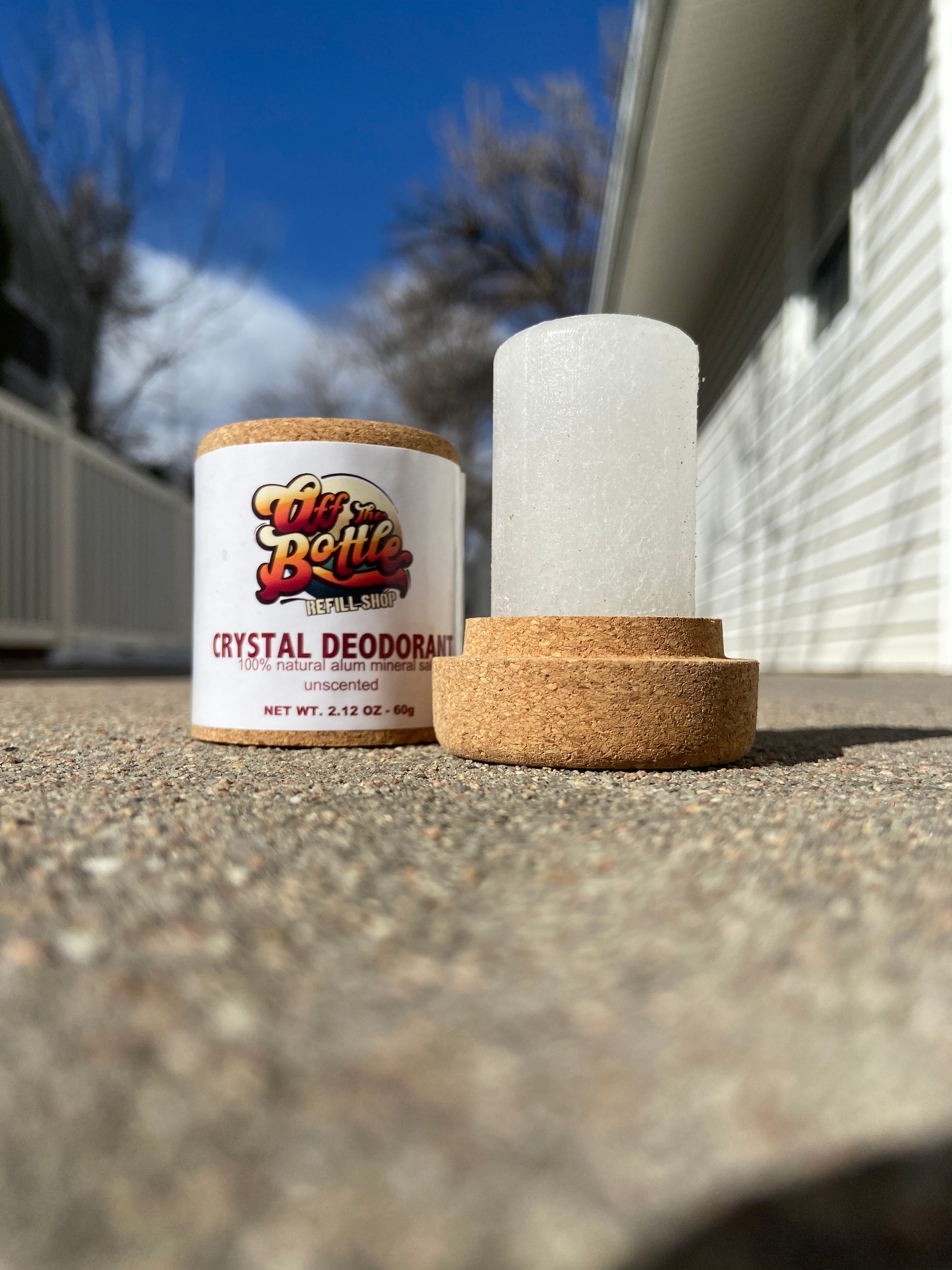 OTB Refills Salt Crystal Deodorant Stick in cork packaging showing the natural mineral crystal stick for deodorizing.