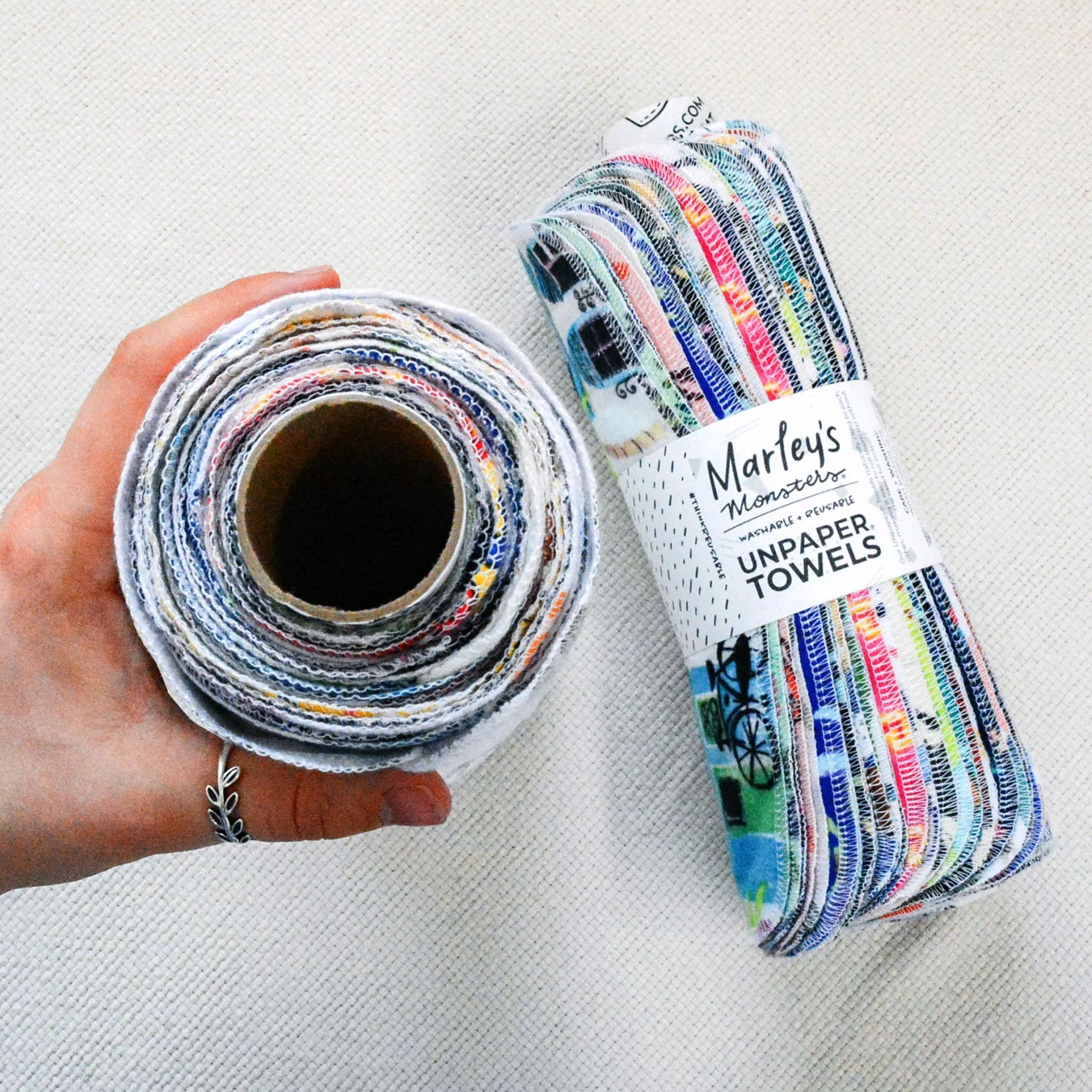 Rolled Marley’s UNpaper Towels by Marley's Monsters, reusable sustainable paper towel alternative in a compact roll.