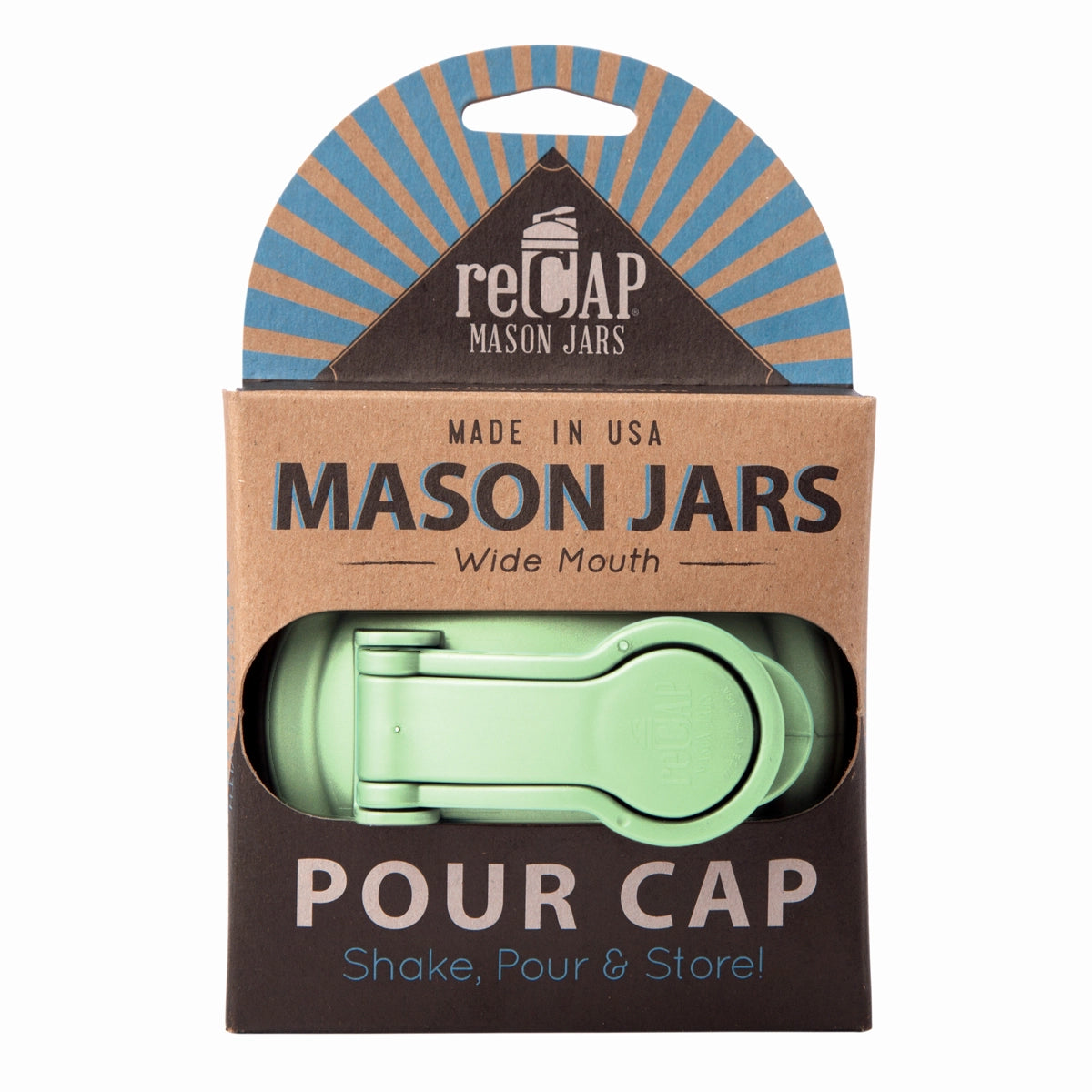 Green ReCap Mason jar pour spout lid with a secure fitting and easy pour design for beverages and liquids.