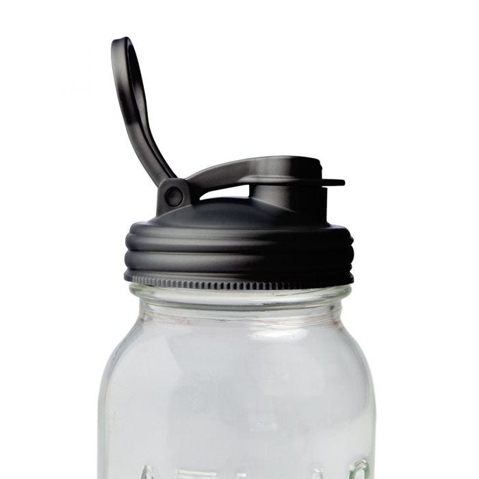 Black Mason jar pour spout lid by ReCap, designed for easy pouring and sealing Mason jars for beverages and storage.