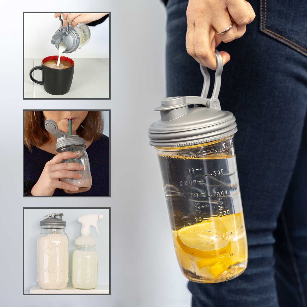 ReCap Mason Jar pour spout lid attached to a glass jar for easy pouring of liquids or dry ingredients.