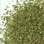 Fresh organic thyme sprigs from Essential Organics on a wooden surface, showcasing vibrant green herb leaves.