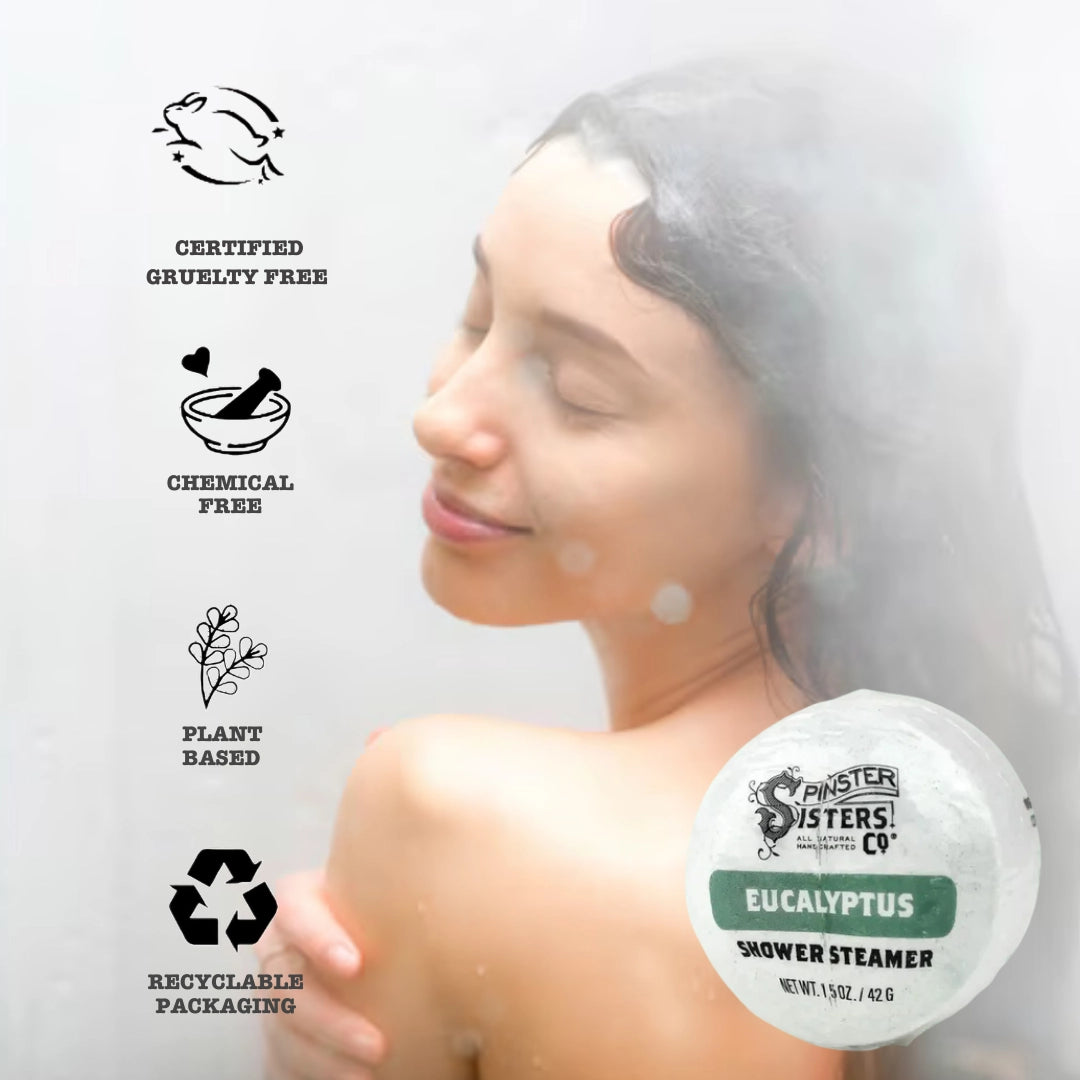 Infographic showing how Spinster Sisters shower steamers release soothing scents and activate with steam for a relaxing shower experience.