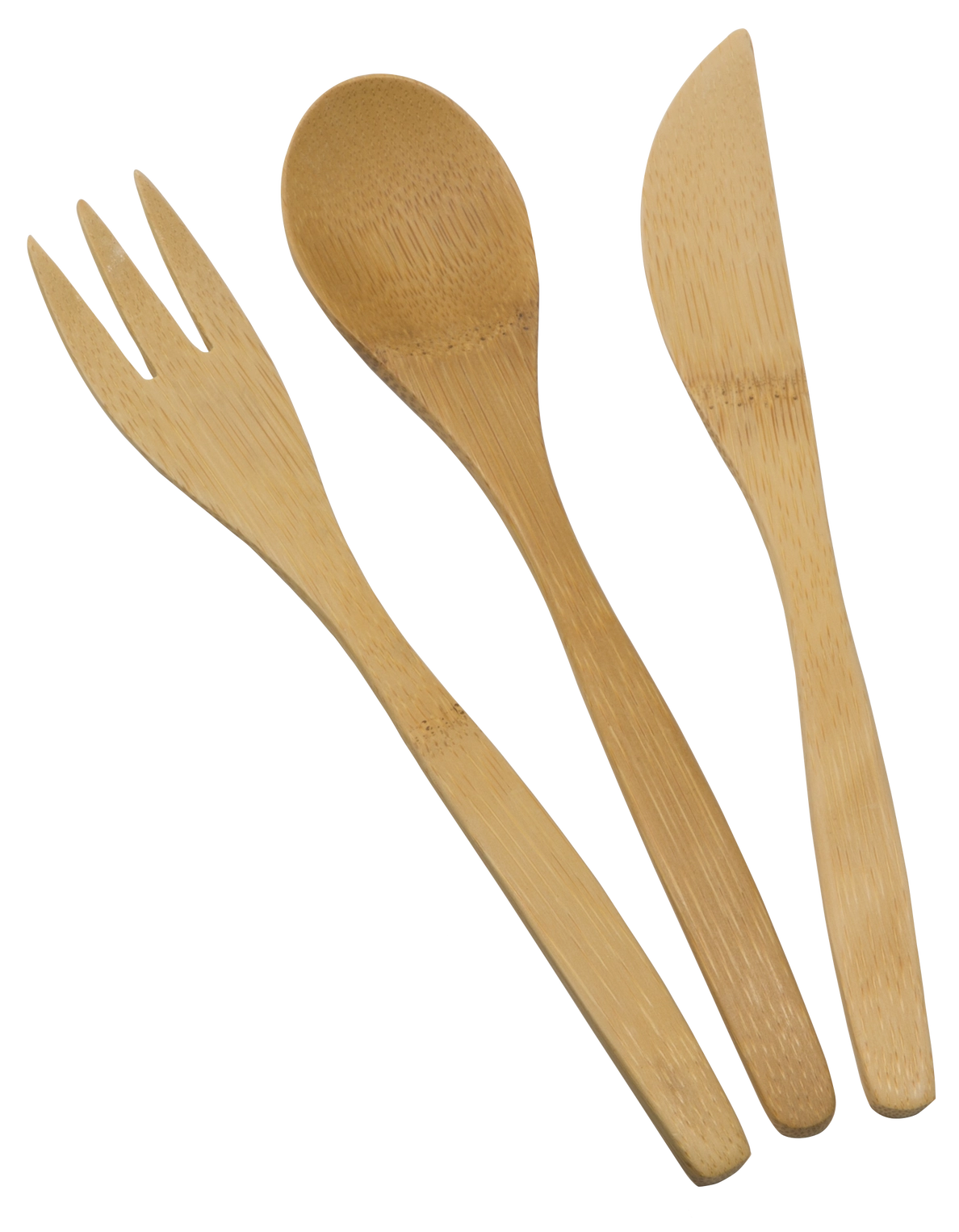 Set of single bamboo utensils from To-Go Ware, including fork, knife, and spoon, displayed together on a neutral background.