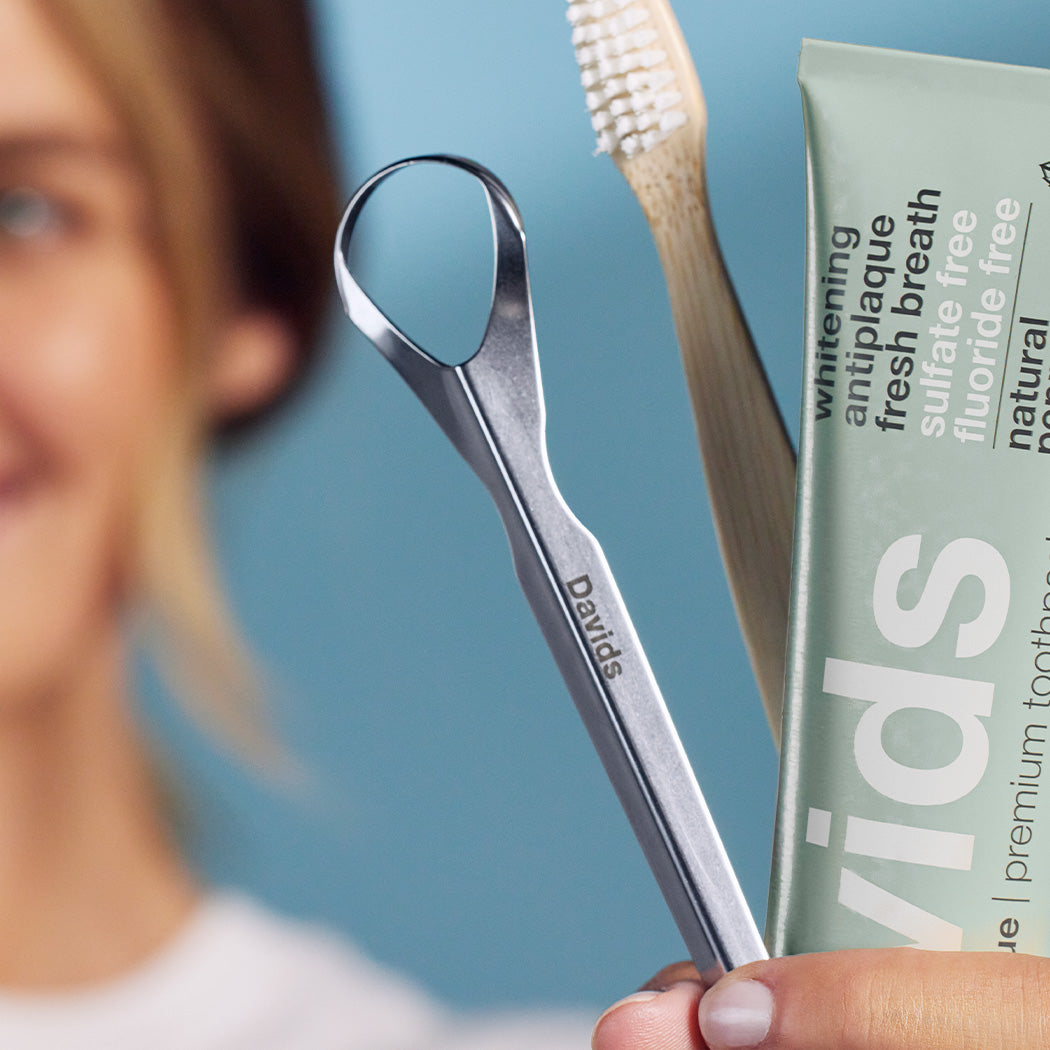 Set of tongue scrapers from David’s Natural Toothpaste for oral hygiene and fresh breath.