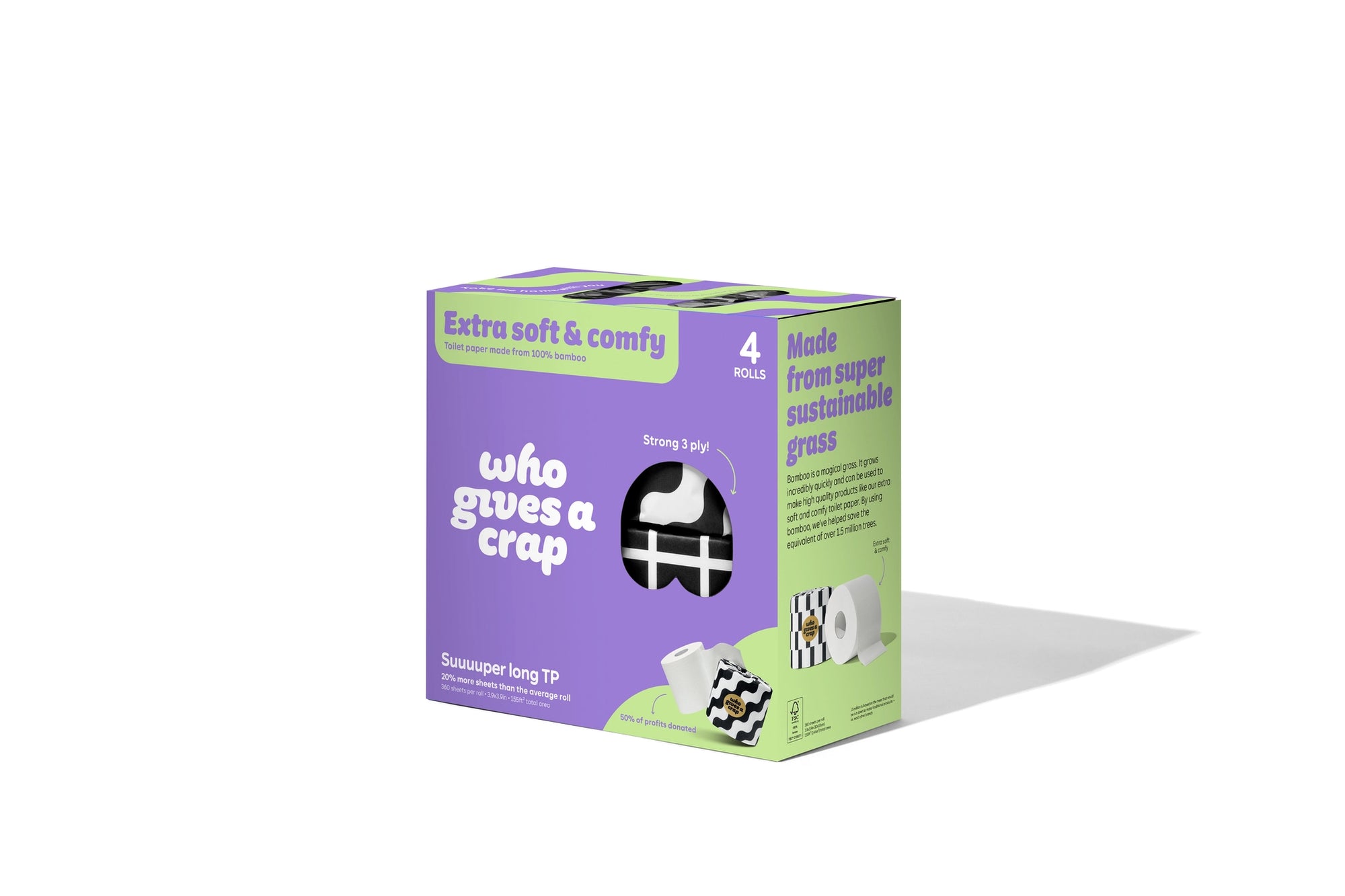 Four-pack of Who Gives a Crap bamboo toilet paper rolls, eco-friendly and 100% recycled or bamboo material, stacked neatly.