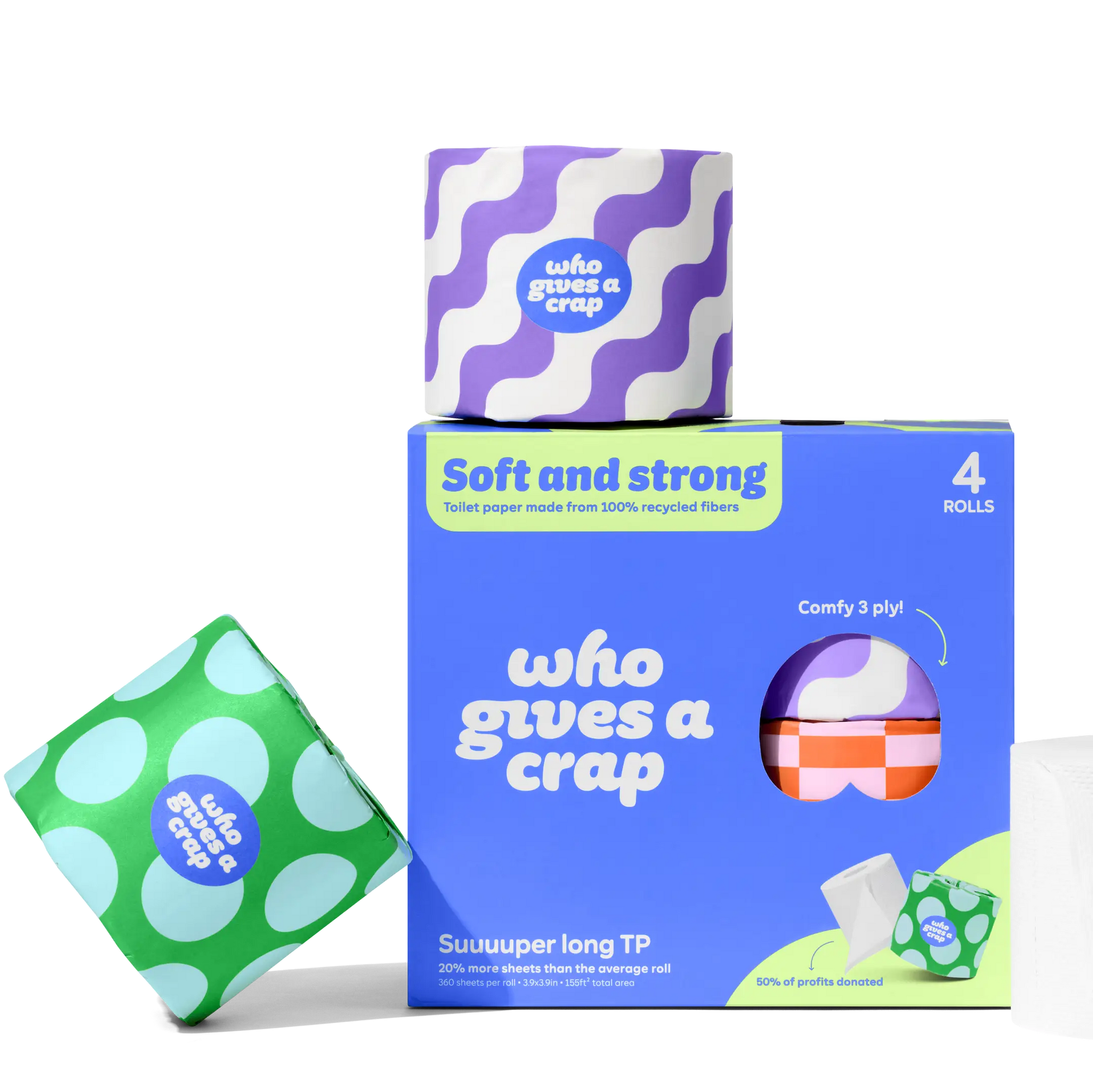 Four-pack of Who Gives a Crap recycled or bamboo toilet paper rolls with eco-friendly packaging.