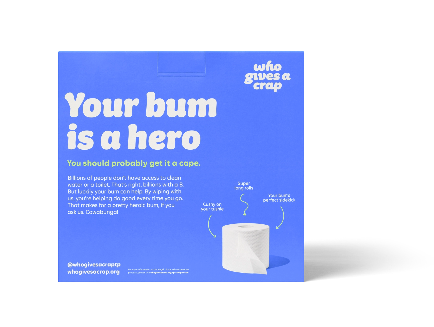Four-pack of Who Gives a Crap recycled or bamboo toilet paper rolls, showcasing eco-friendly packaging and soft, sustainable tissue.