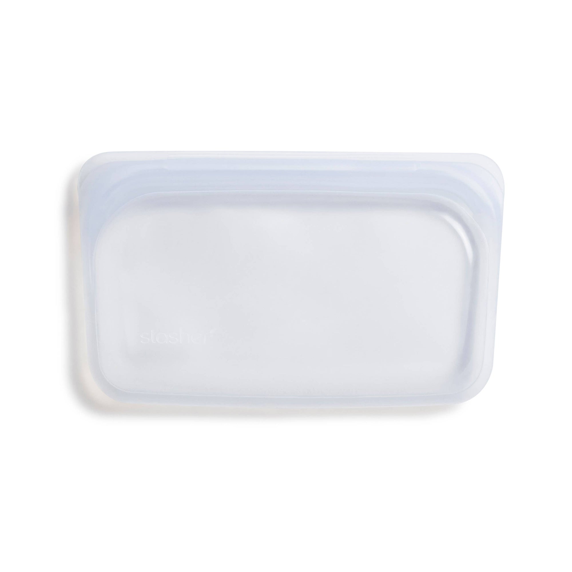 Stasher Snack Size reusable silicone storage bag with a clear view of the sealed opening and compact design.