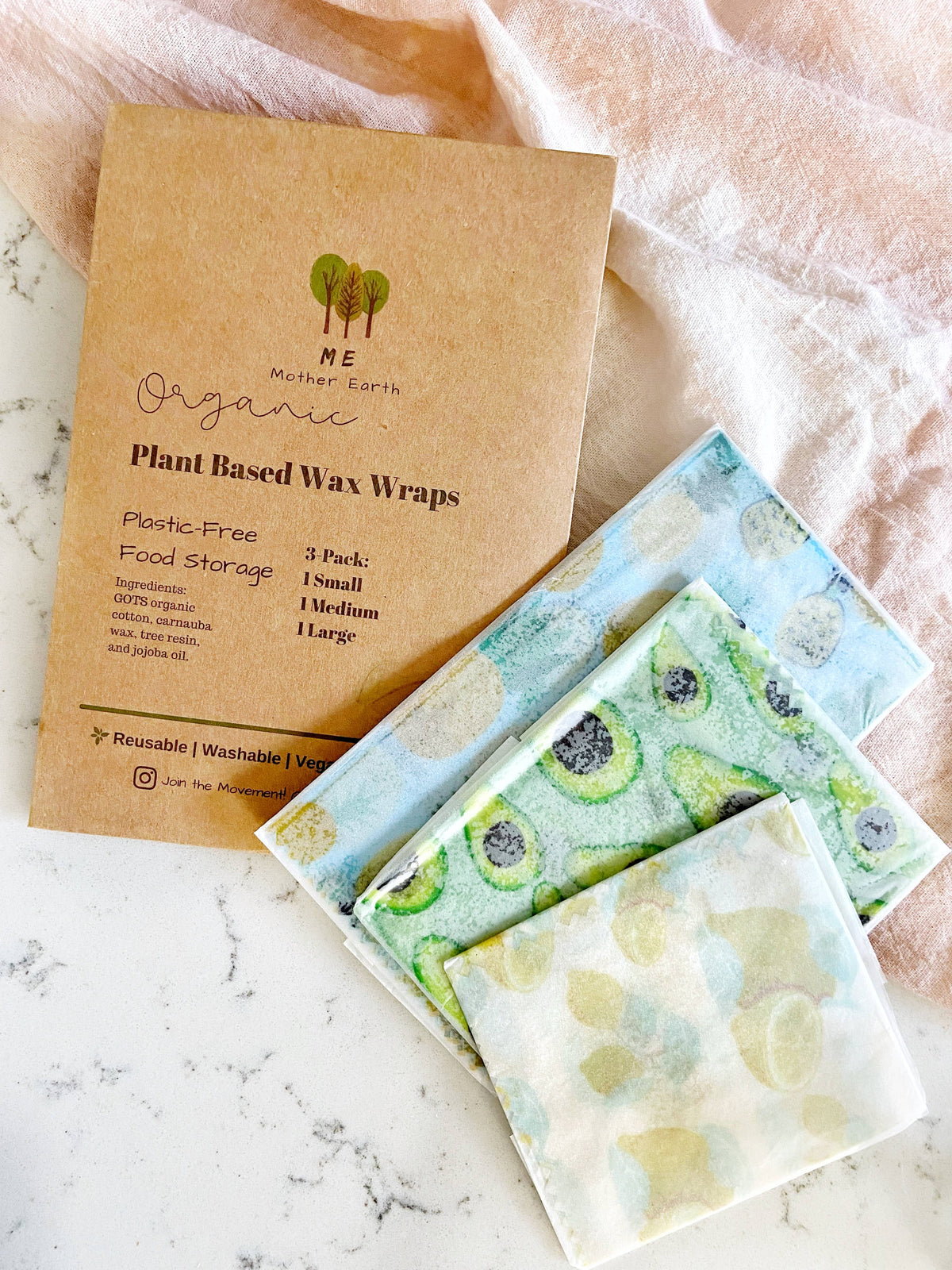 Vegan plant-based wax wraps from Me Mother Earth, eco-friendly food wraps in various sizes, with colorful patterns.