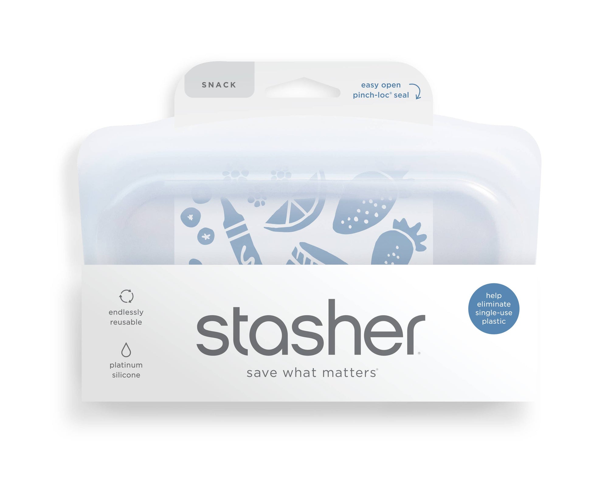 Stasher snack size reusable silicone storage bag, clear with green seal, suitable for snacks and small food items.