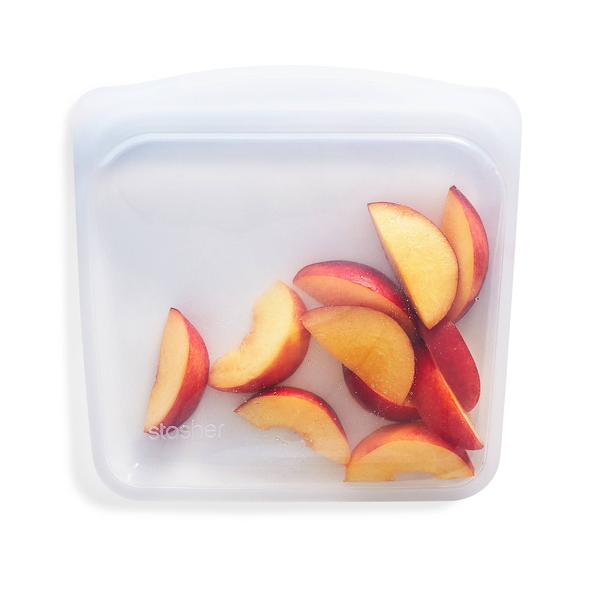 Stasher sandwich size reusable silicone storage bag with clear, flexible material and secure seal for snacks and sandwiches.