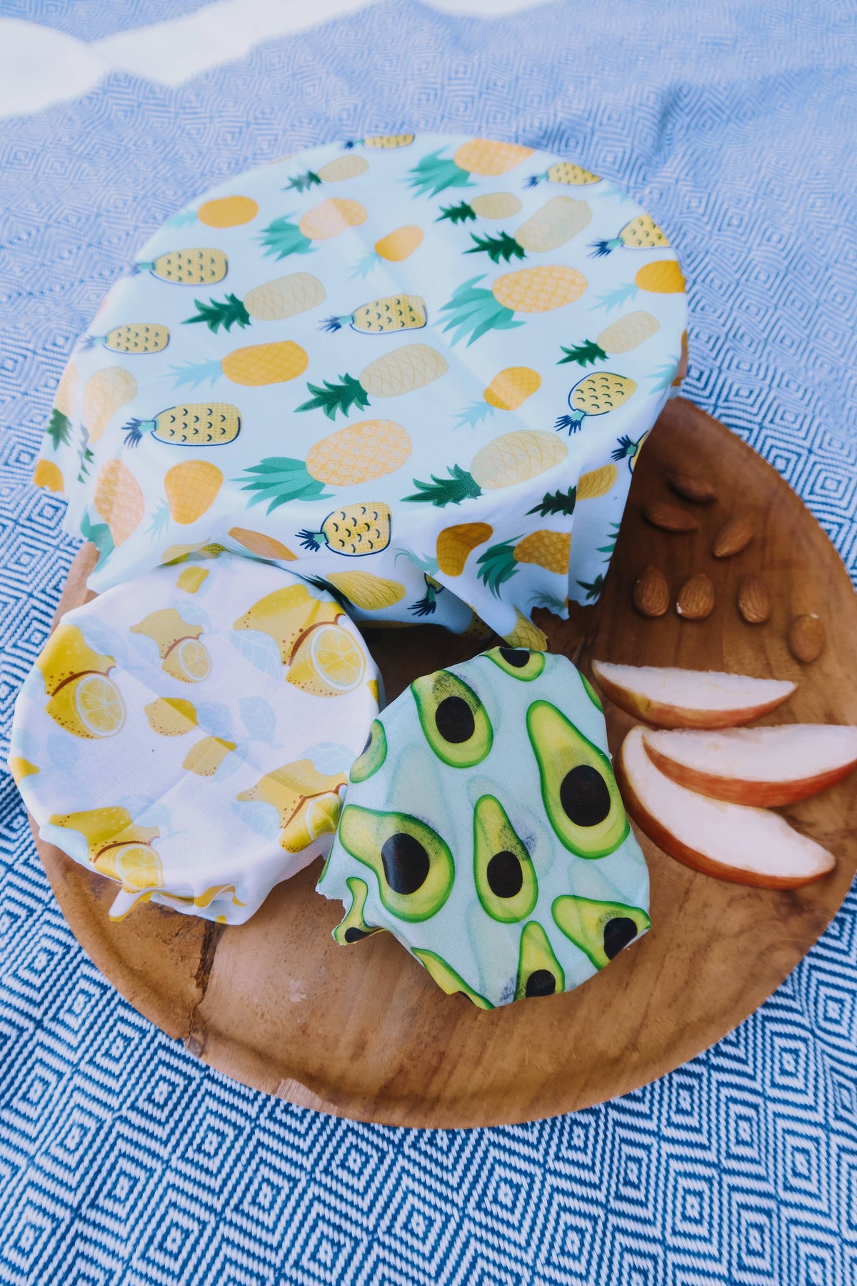 Vegan plant-based wax wraps from Me Mother Earth, eco-friendly reusable food wraps with colorful patterns.