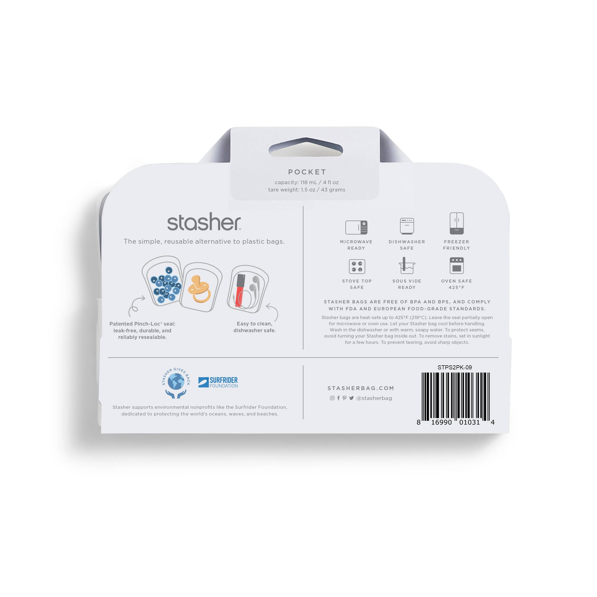 Two reusable Stasher silicone storage bags, pocket-sized, in clear and colorful designs, ideal for food storage and organization.